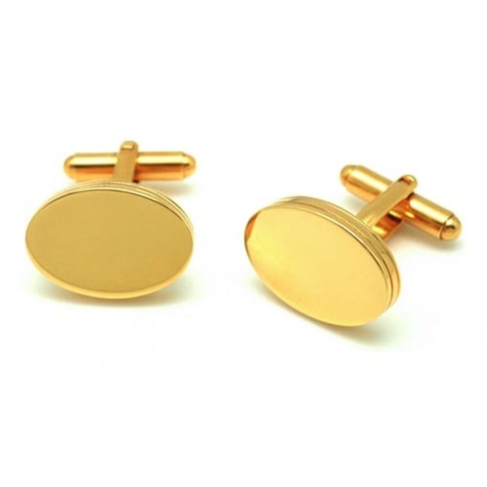 Oval Gold Tone Cufflink With Plain Front & Lines On Edge