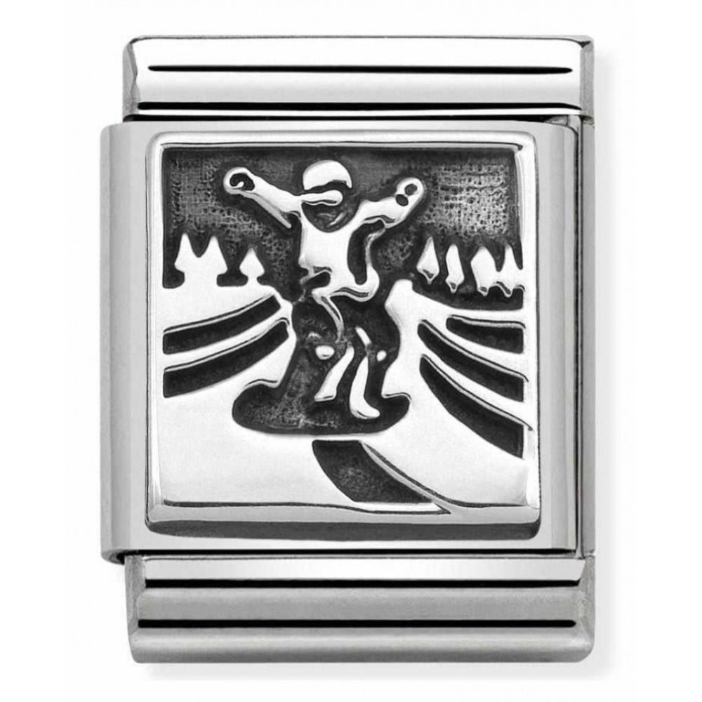 Composable Oxidized Snowboarder On Railing Symbol Stainless Steel And Sterling Silver Big Charm