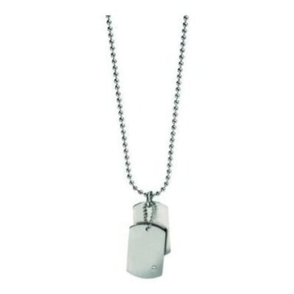 Stainless Steel Double Dog Tag Necklace With Clear Cz, On Ball Chain,