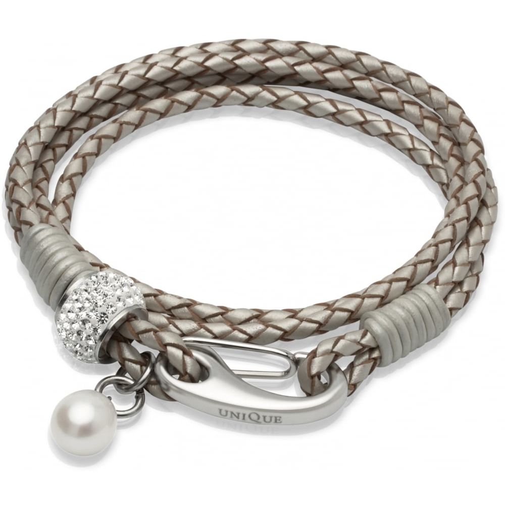 Pearl Leather Bracelet Steel Clasp Steel CZ Element and Pearl Charm