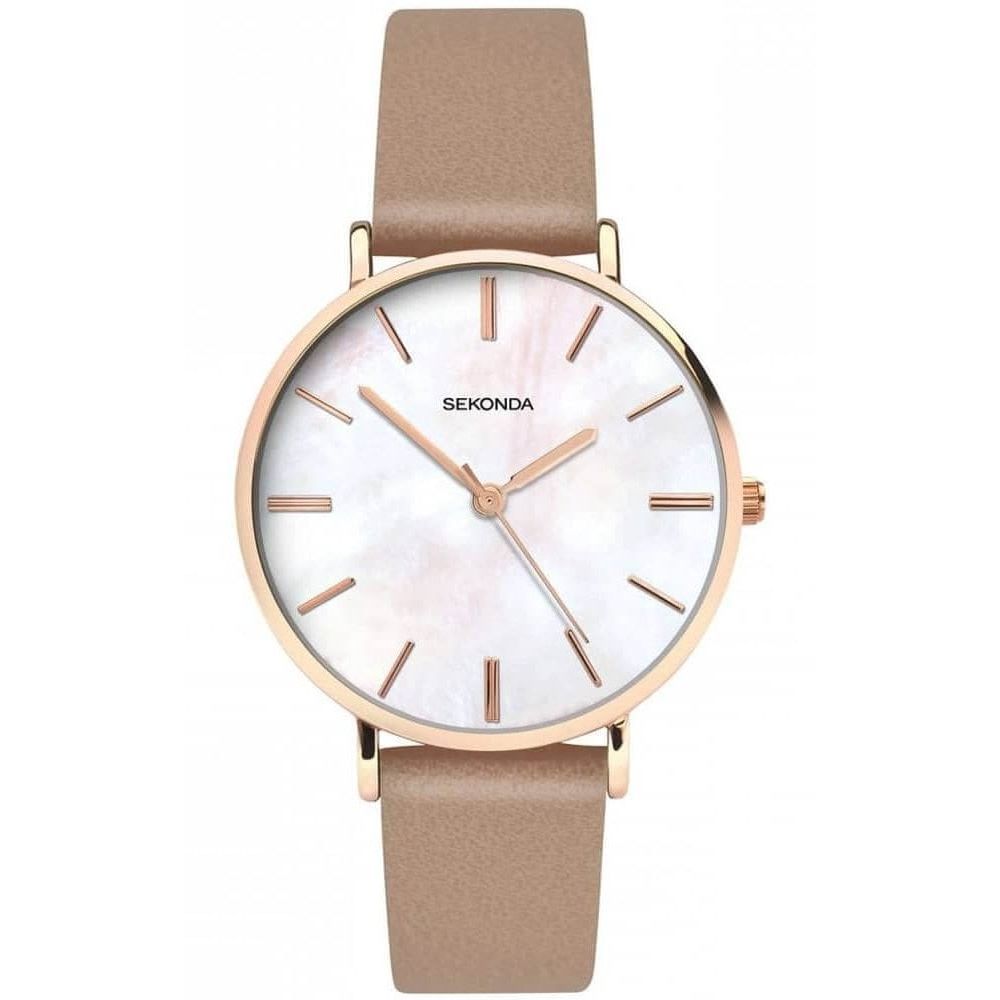 Rose Gold Plated Case With Multicolour MOP Dial & Beige Leather Strap Ladies Watch