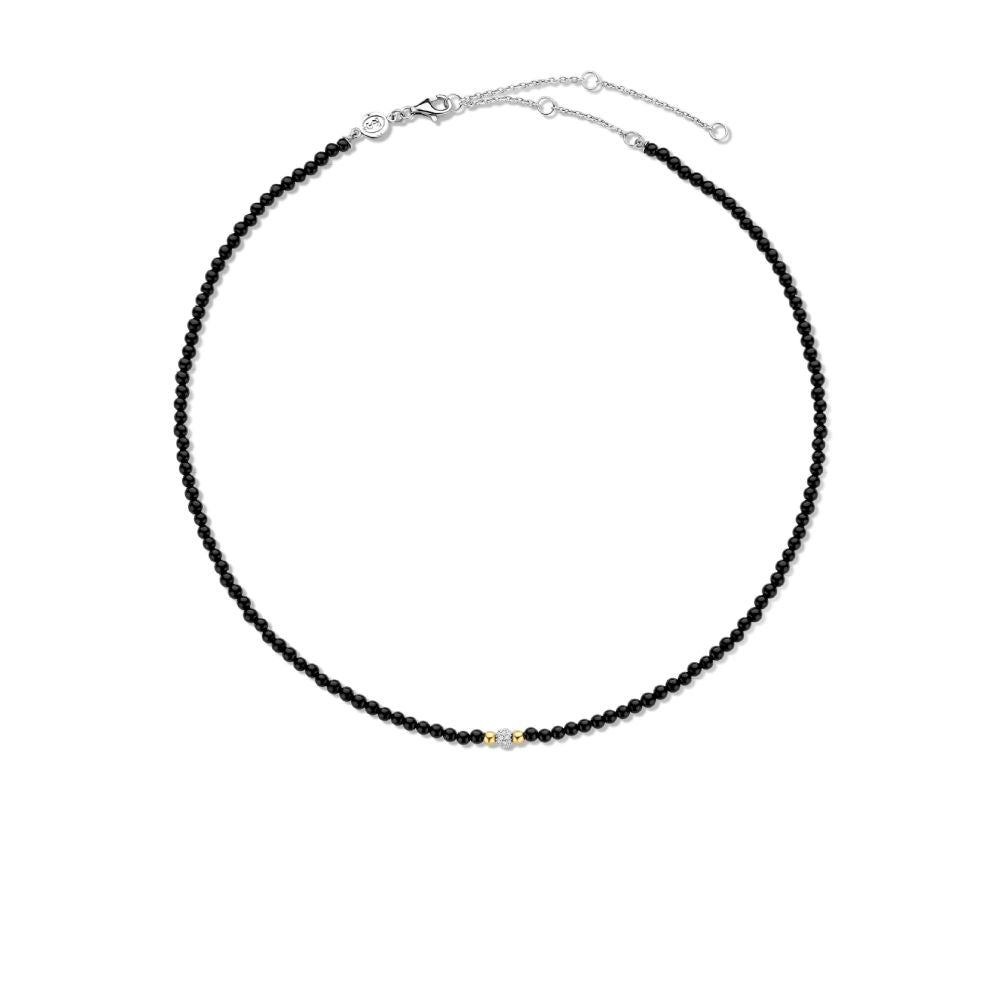 Black Onyx Stones With CZ & Gold Tone Beads Necklace