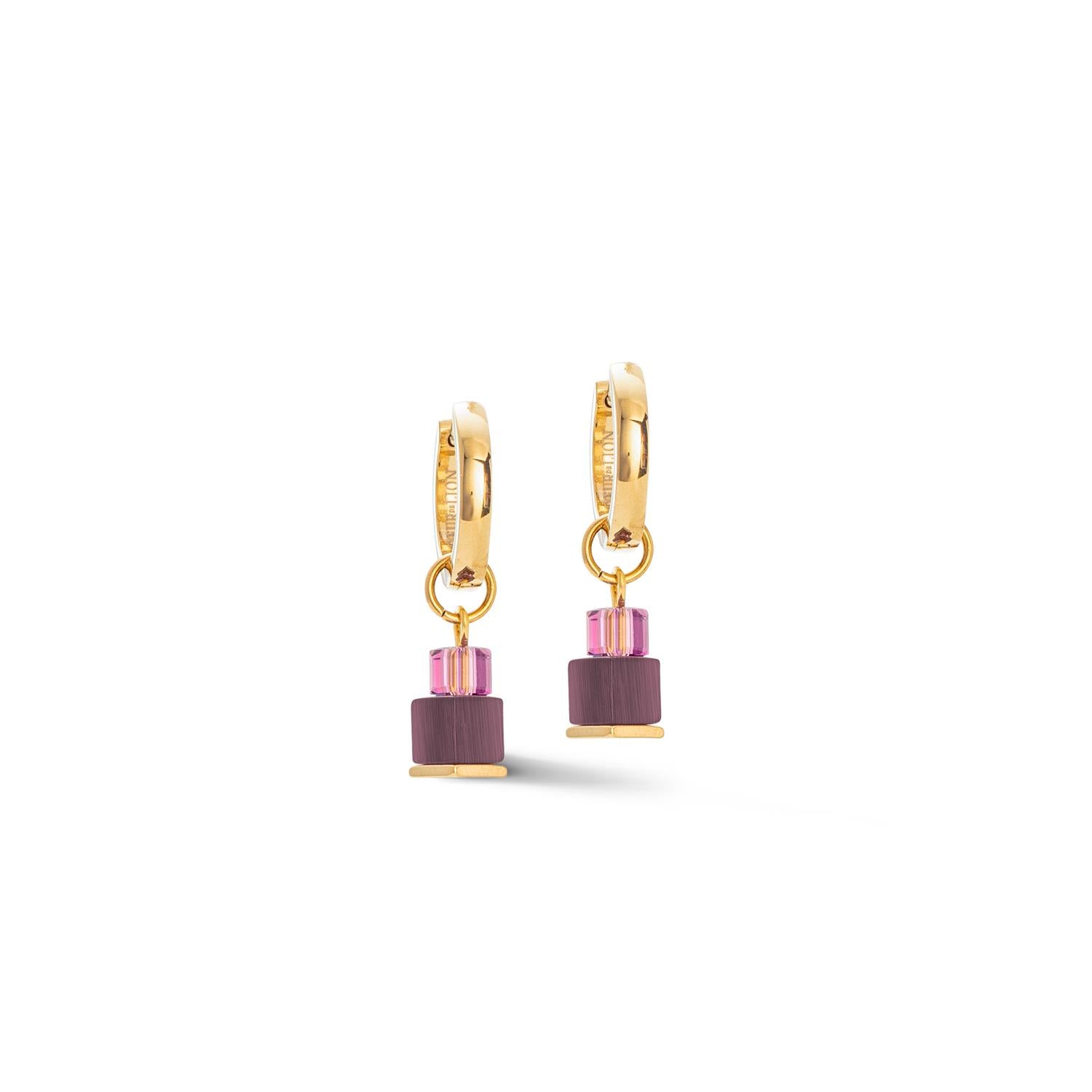 Hoops Cube Fusion Charm Gold-Red & Purple Earrings With Stickpin