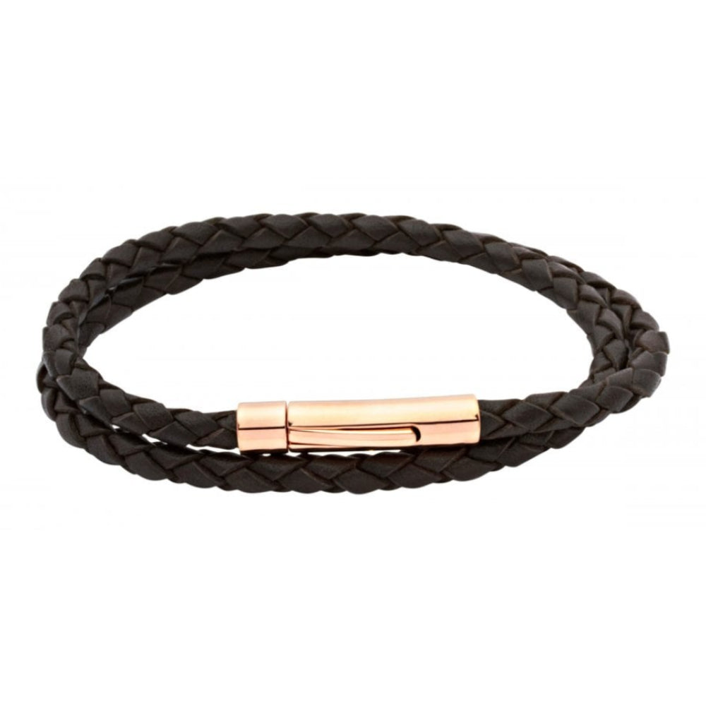 Dark Brown Leather Bracelet With Steel I.P. Rose Clasp