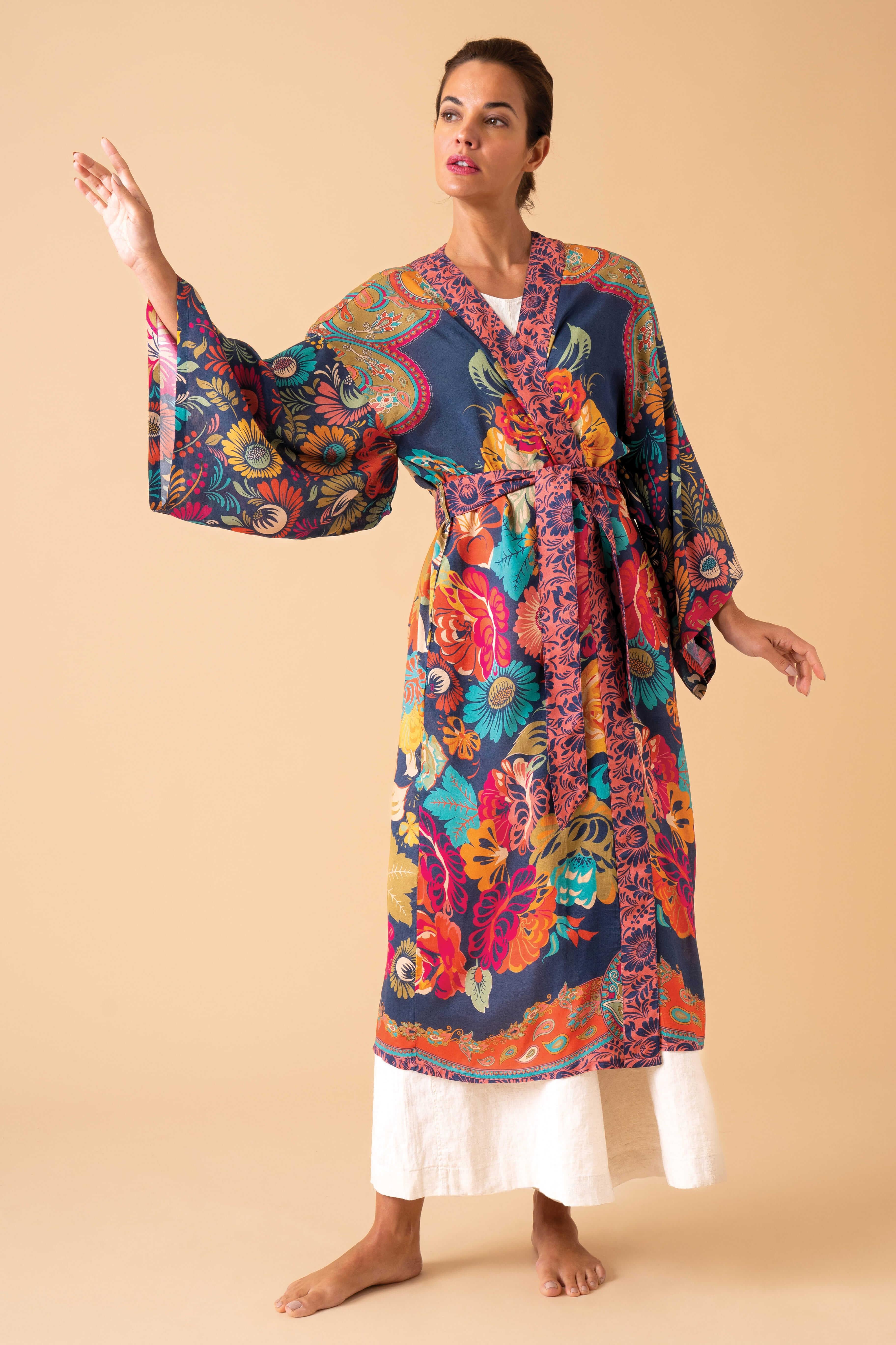 Vintage Floral Kimono Gown- Ink