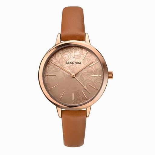 Rose Gold Case With Rose Dial & Tan PU Strap Watch