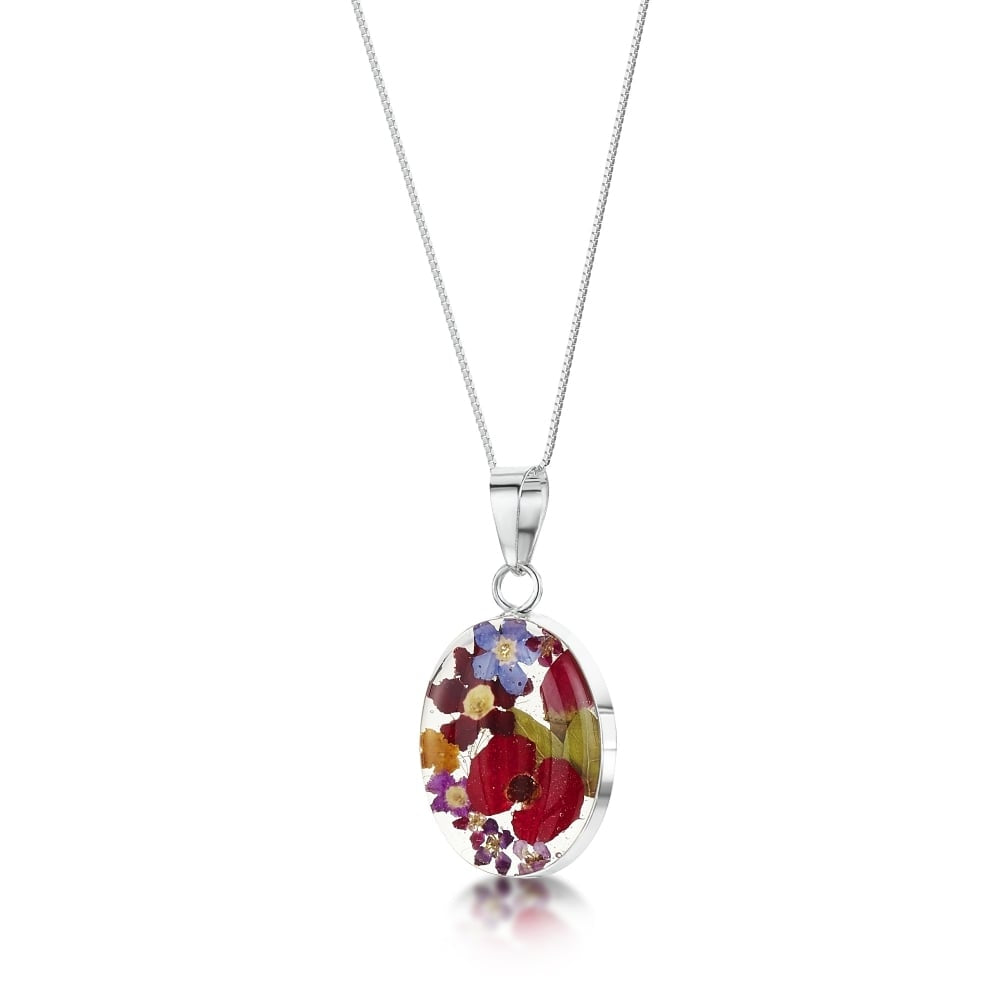 Silver Pendant - Mixed Flowers - Medium Oval