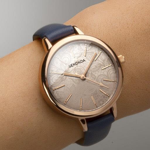 Rose Gold Case With Grey Dial & Blue PU Strap Ladies Watch