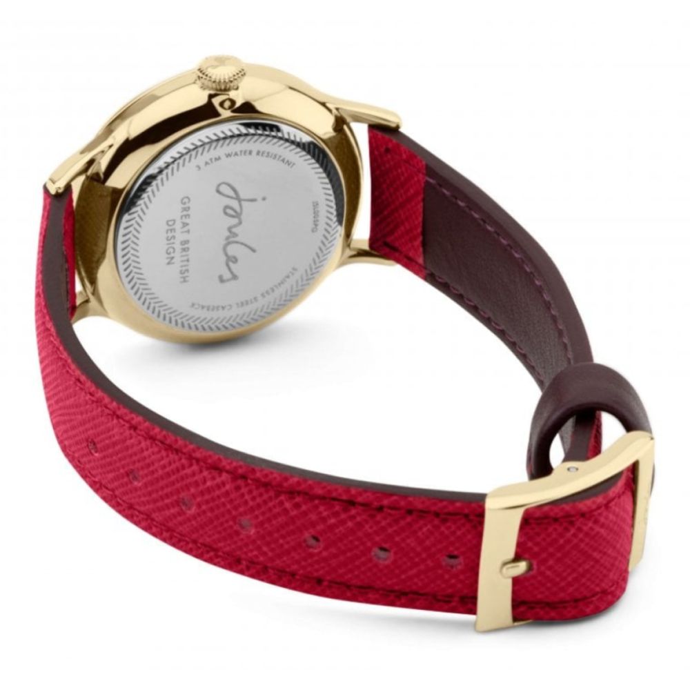 Raspberry Saffiano Leather Strap Gold Mirror Dial Floral Print Ladies Watch