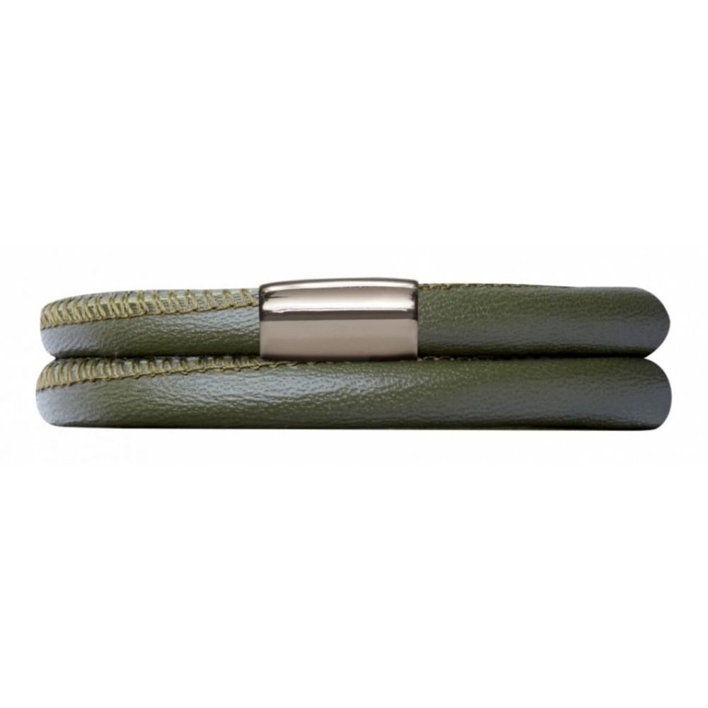 Green Leather Double Band Bracelet Stainless Steel