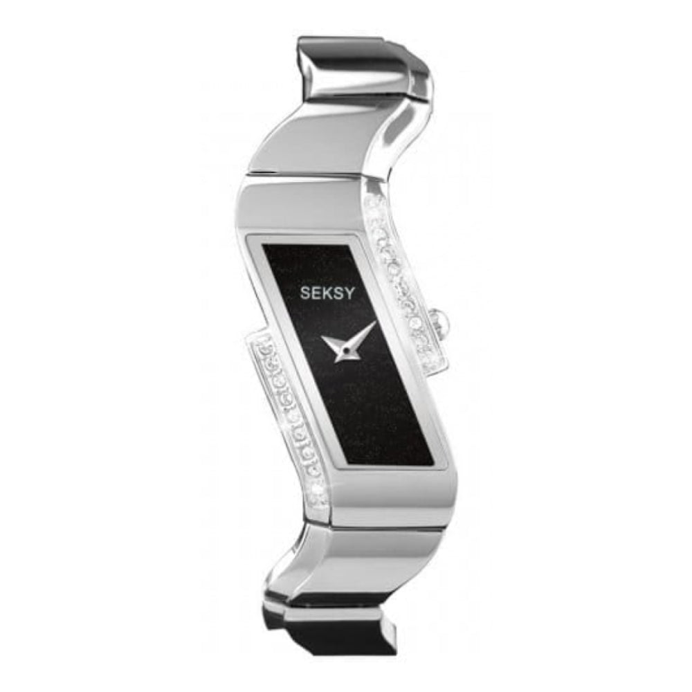 Ladies Wave Polished Stainless Steel/Black Stone Bracelet Watch