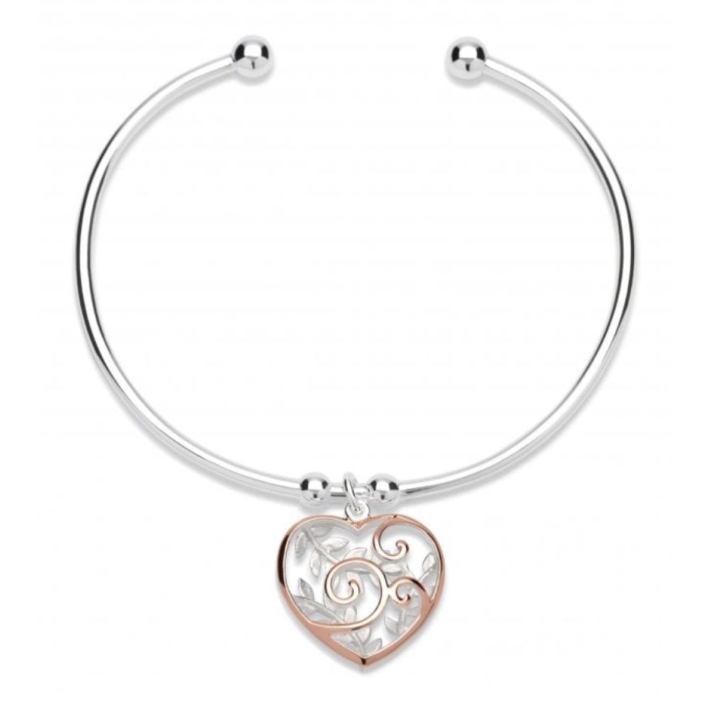 Sterling Silver 925 Bangle With Rose Gold Plating Heart