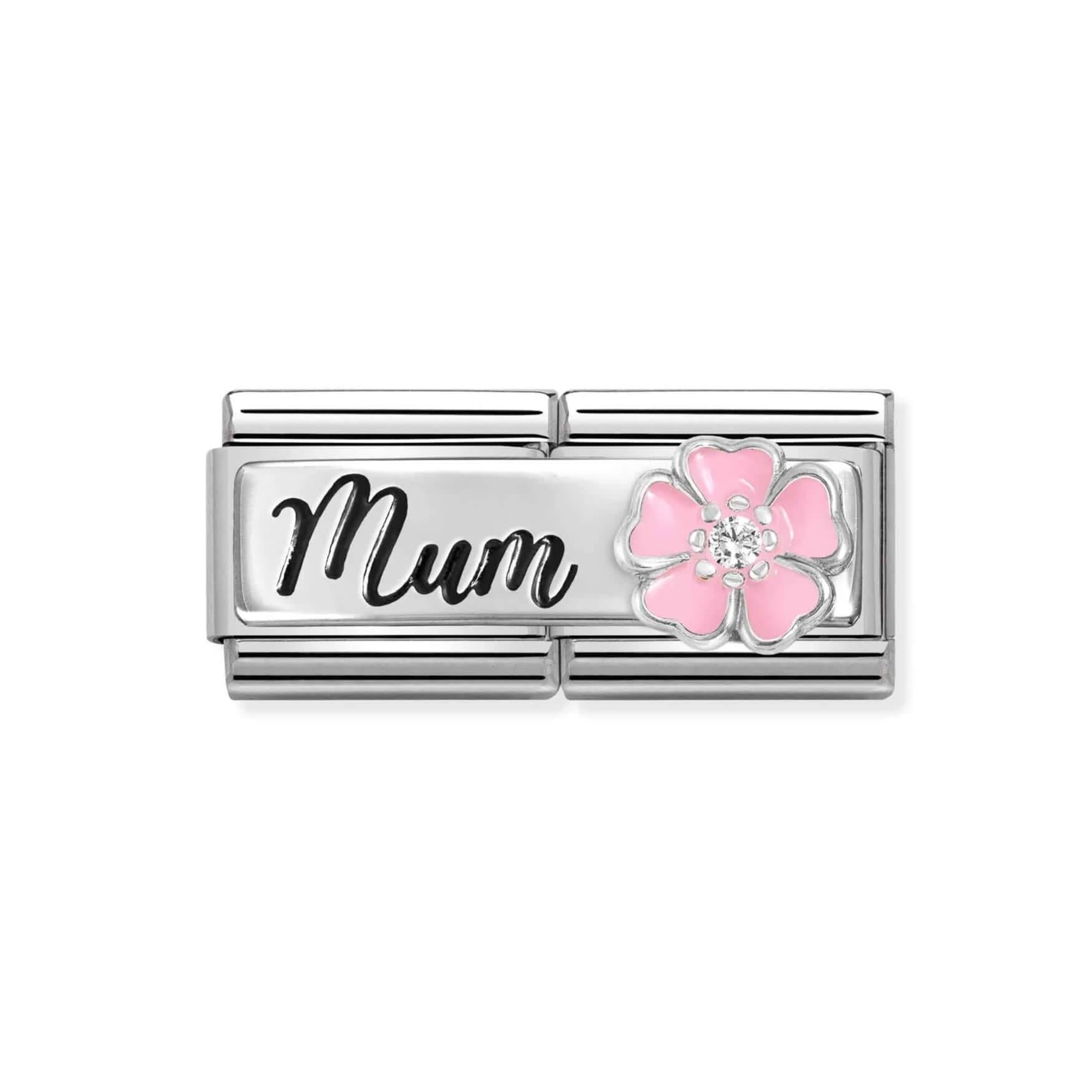 Composable Classic Double Link With Mum & Pink Flower in 925 Silver With Pink Enamel & CZ