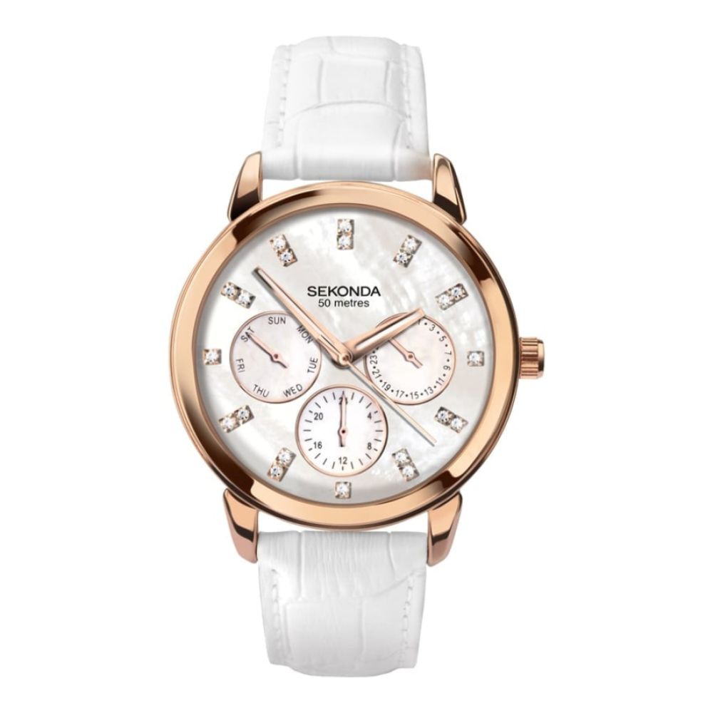 Ladies White Leather Chronograph Watch