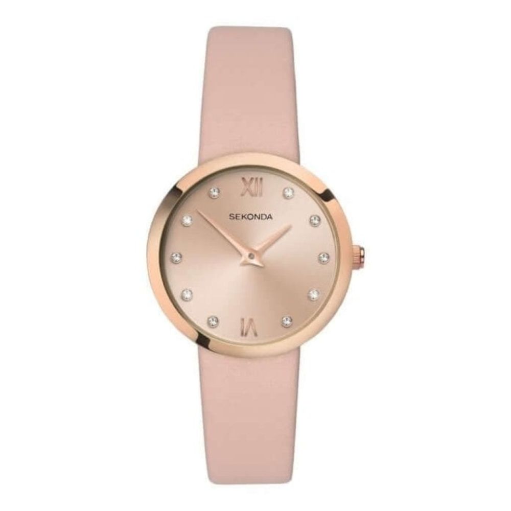 Rose Gold Plated Case With Light Pink Sunray Dial & Pink Leather Strap Ladies Watch