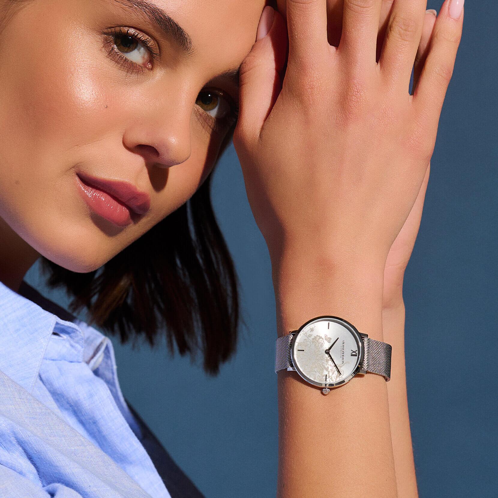 Floral Blooms Ultra Slim Silver Mesh Watch