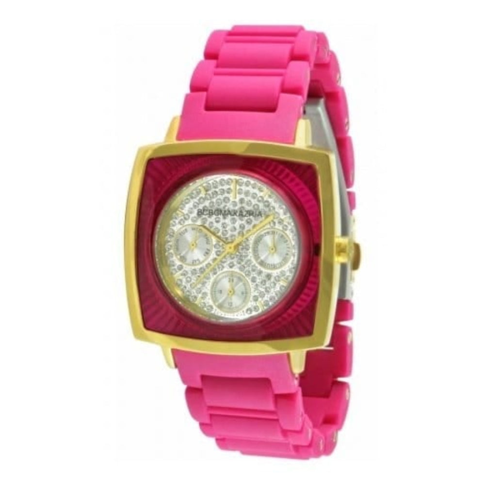 Ladies Elite Sport Pave Stone Chronograph Dial Pink Rubber Bracelet Watch