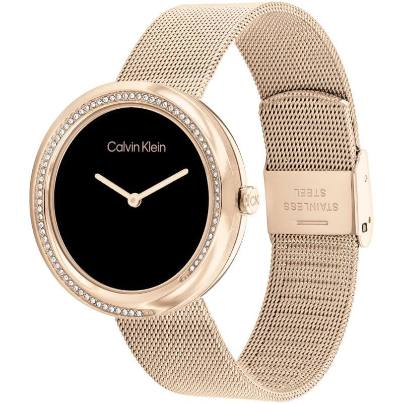 Twisted Bezel Black Dial RG Tone Mesh Strap Watch