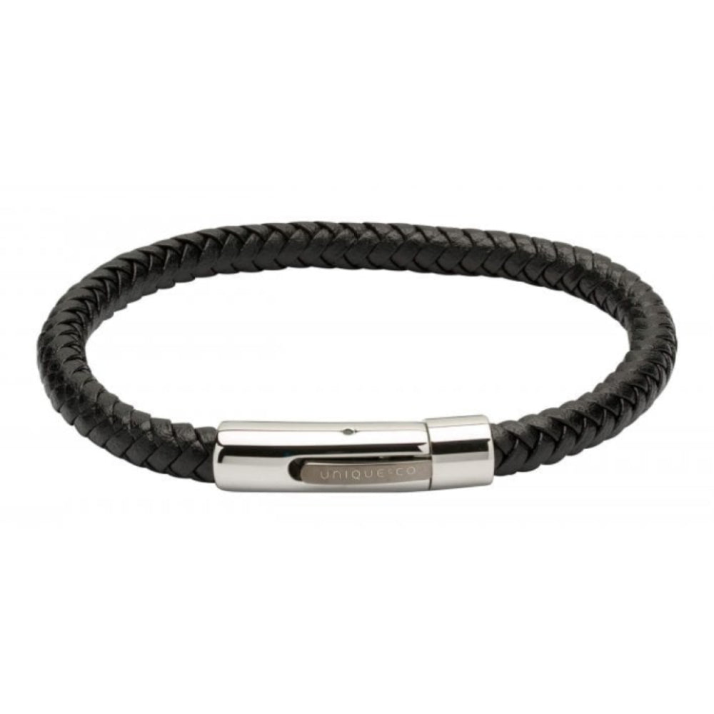 Black Leather Bracelet-Steel Clasp-Gun-Metal I.P. Plating