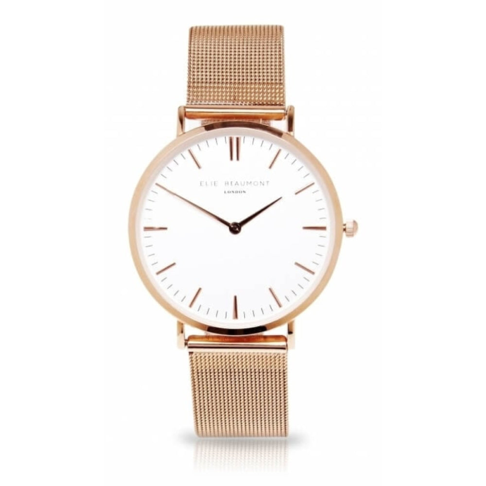 Rose Gold Plated Stainless Steel Mesh Watch with Small White Face