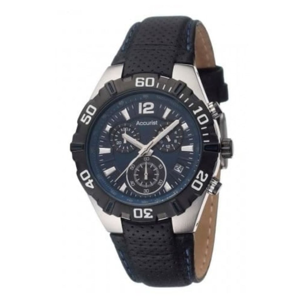 Gents Chronograph Tachymeter Black Leather Watch