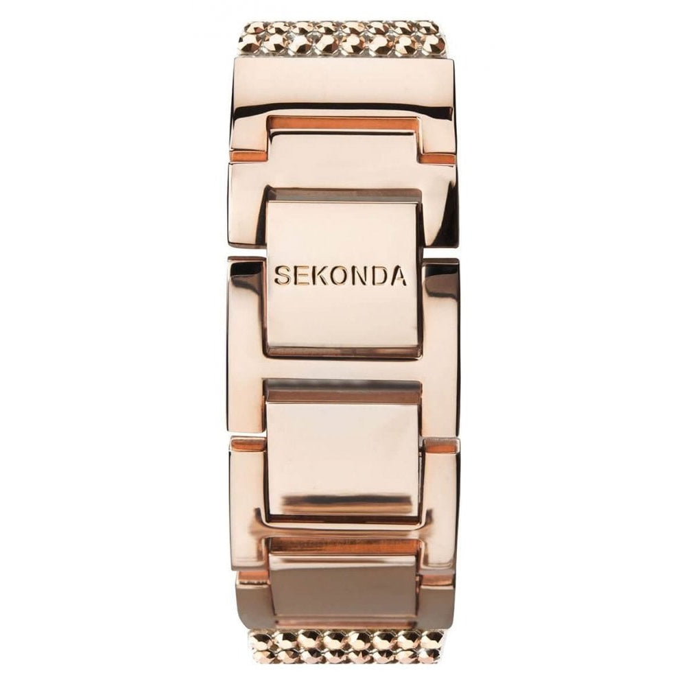 Shimmer Rose Gold Plated Case With Rose Dial & Beige Leather Strap With Metallic Rose Gold Crystals Ladies Watch