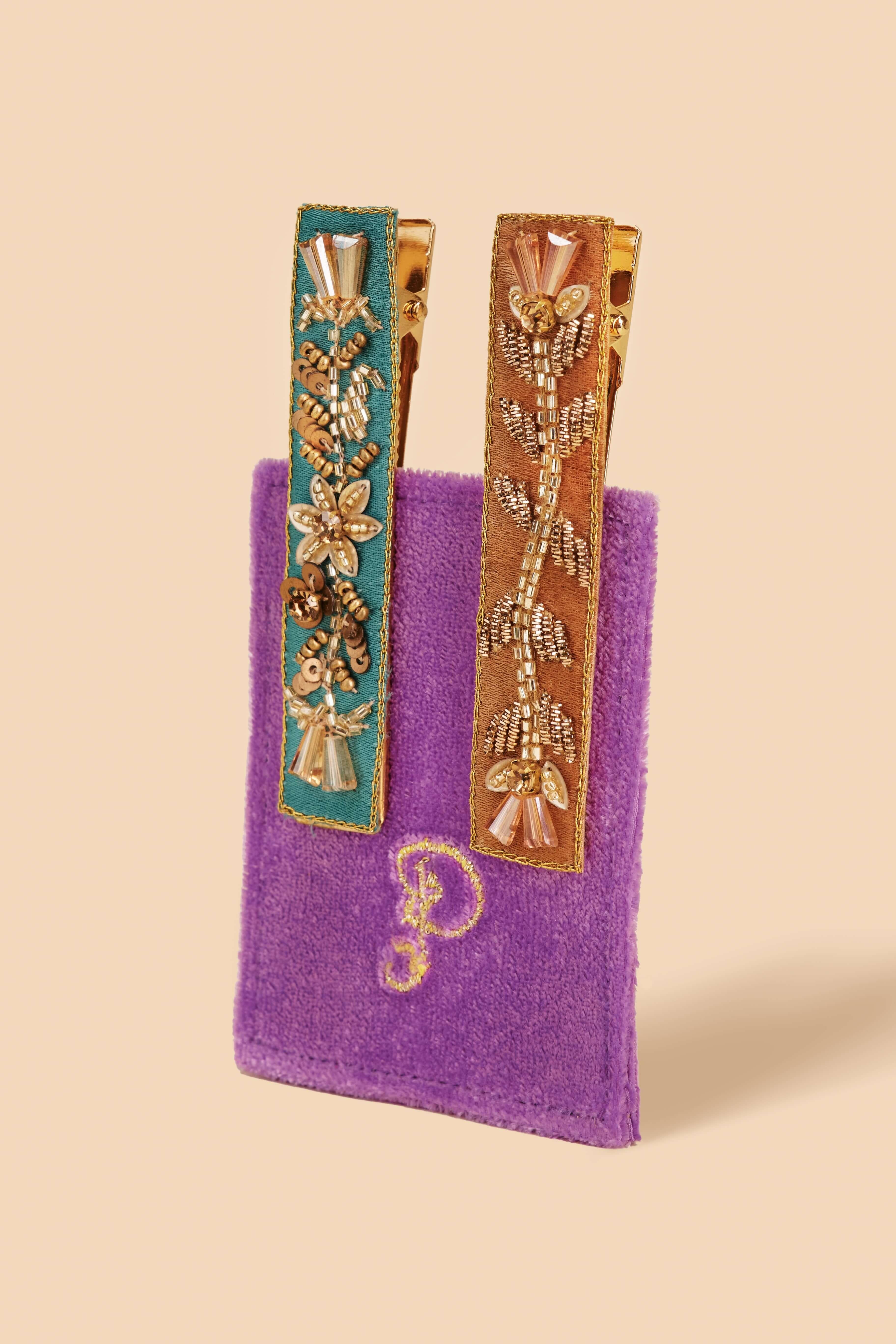 Narrow Jewelled Hair Bar (Set of 2) - Floral Vines, Turquoise & Mustard
