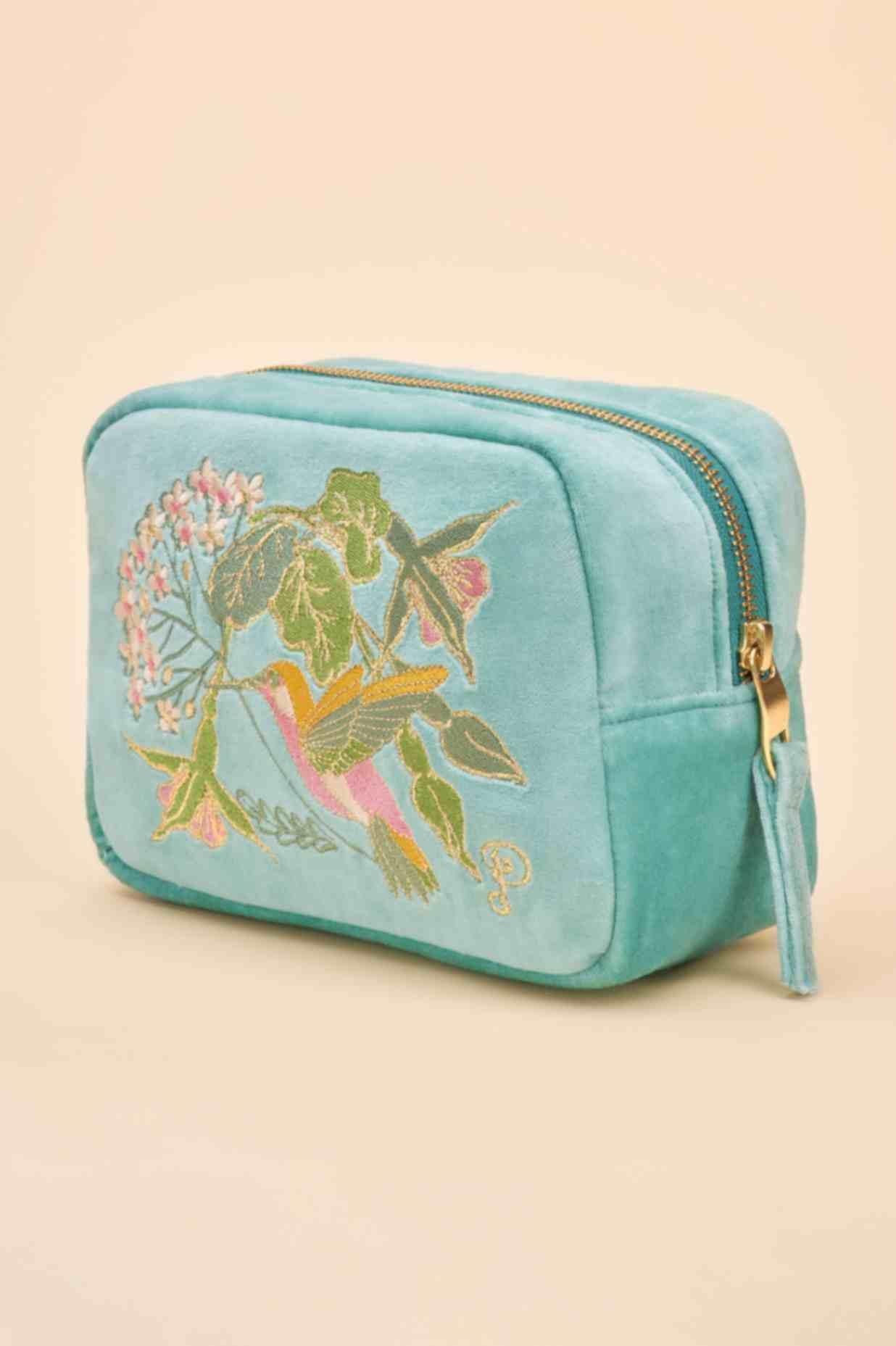 Velvet Make Up Bag - Hummingbird - Aqua