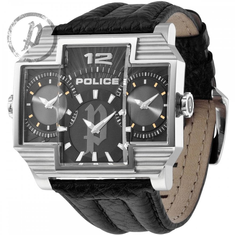 Stainless Steel Black 3 Dial & Black Leather Strap Hammerhead Gents Watch