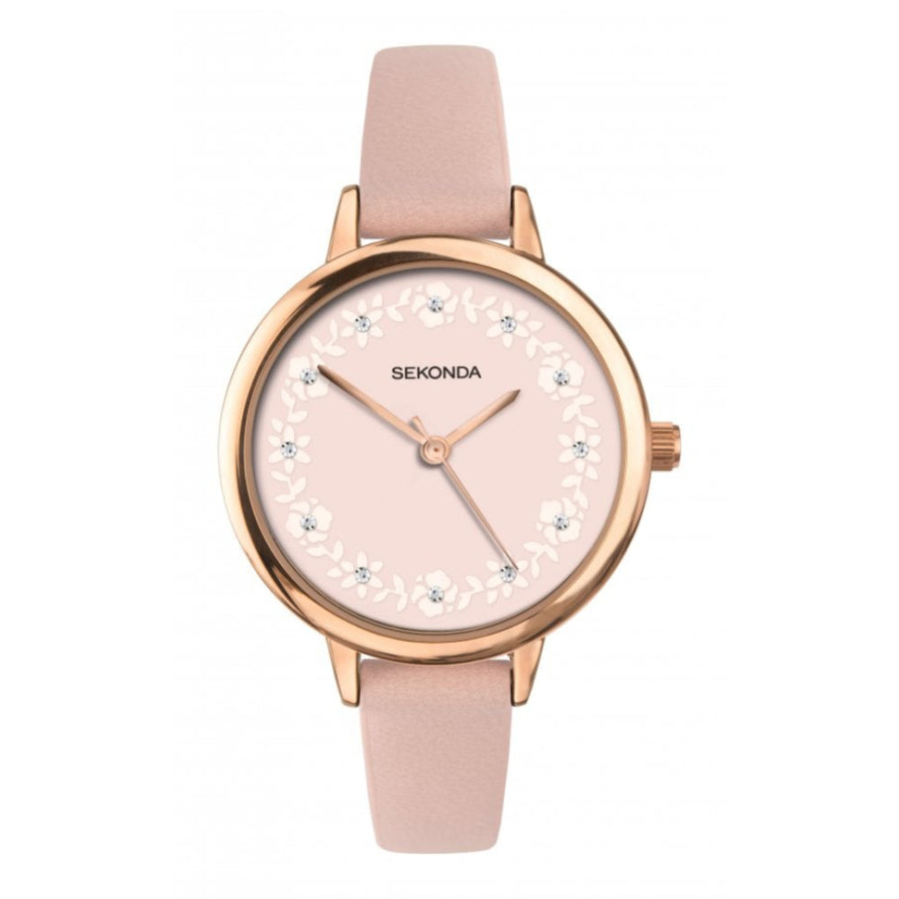 Rose Gold Plated Case With Peach Stone Set Dial & Peach PU Strap Ladies Watch