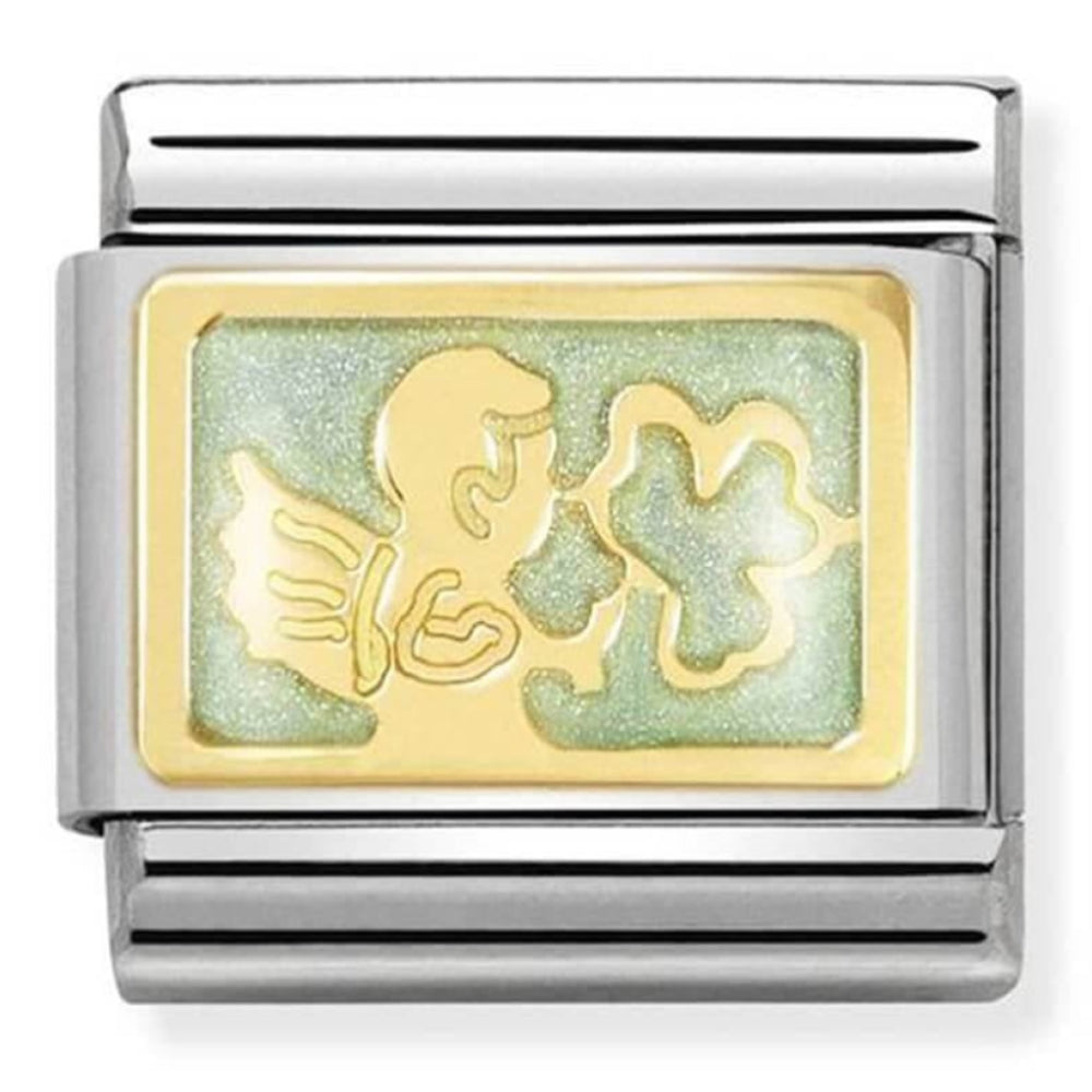 Classic Plates 18k Gold, Enamel & Stainless Steel Messenger Angel Good Luck Link