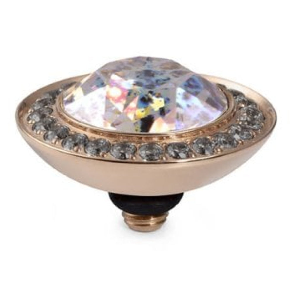 13mm Interchangeable Tondo Deluxe White Patina Crystal Top in RG With Black Diamond Bordered