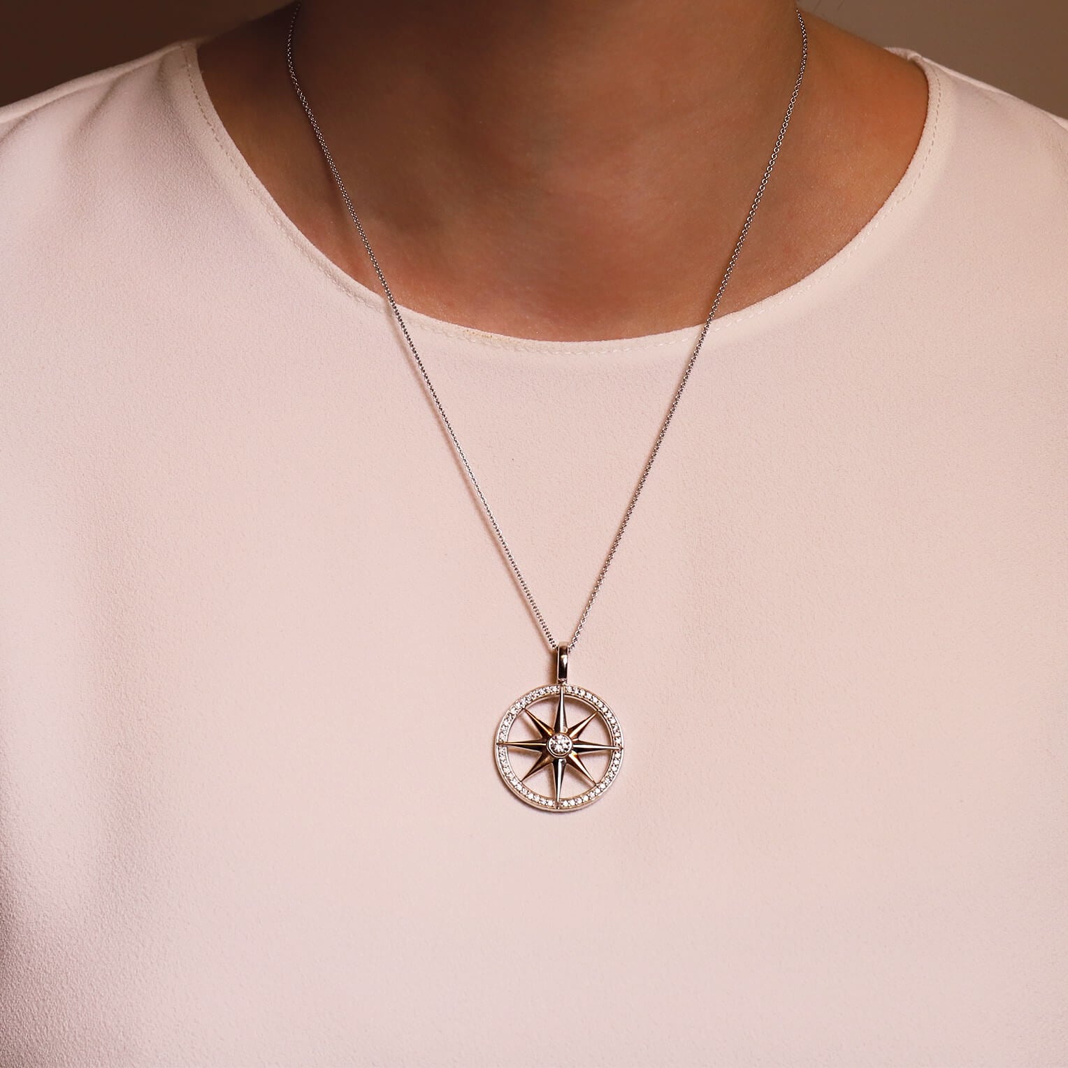 Two Tone Wind Rose CZ Pendant Necklace