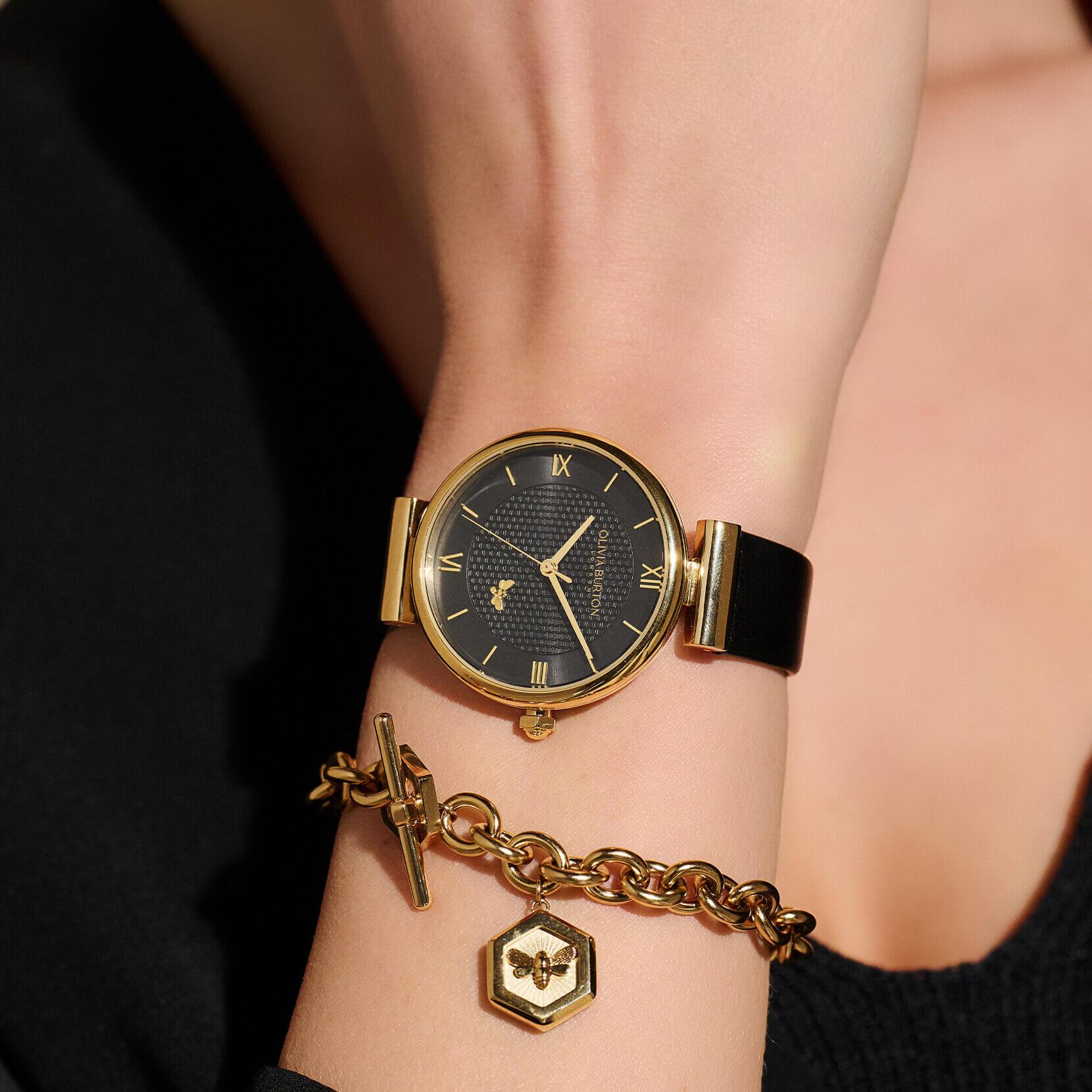 Minima Bee T-Bar Gold & Black Leather Strap Watch