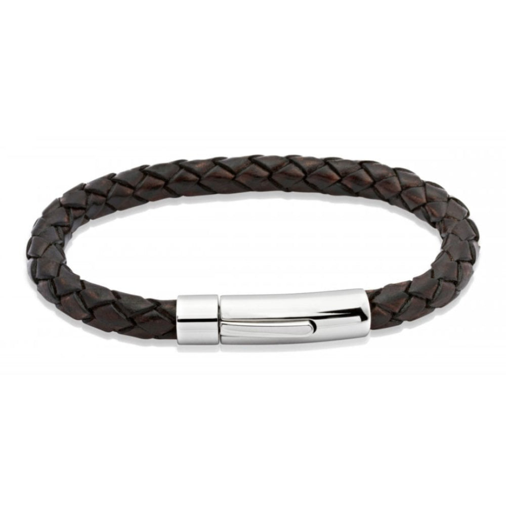 Antique Dark Brown Leather Bracelet With Stainless Steel Clasp