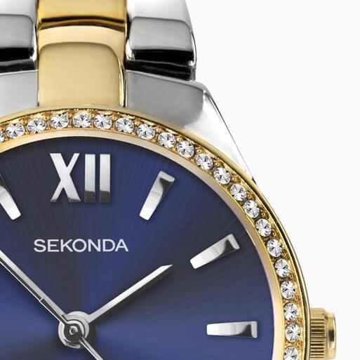 Two Tone Case & Bracelet with Stone Set Blue Dial Ladies Watch