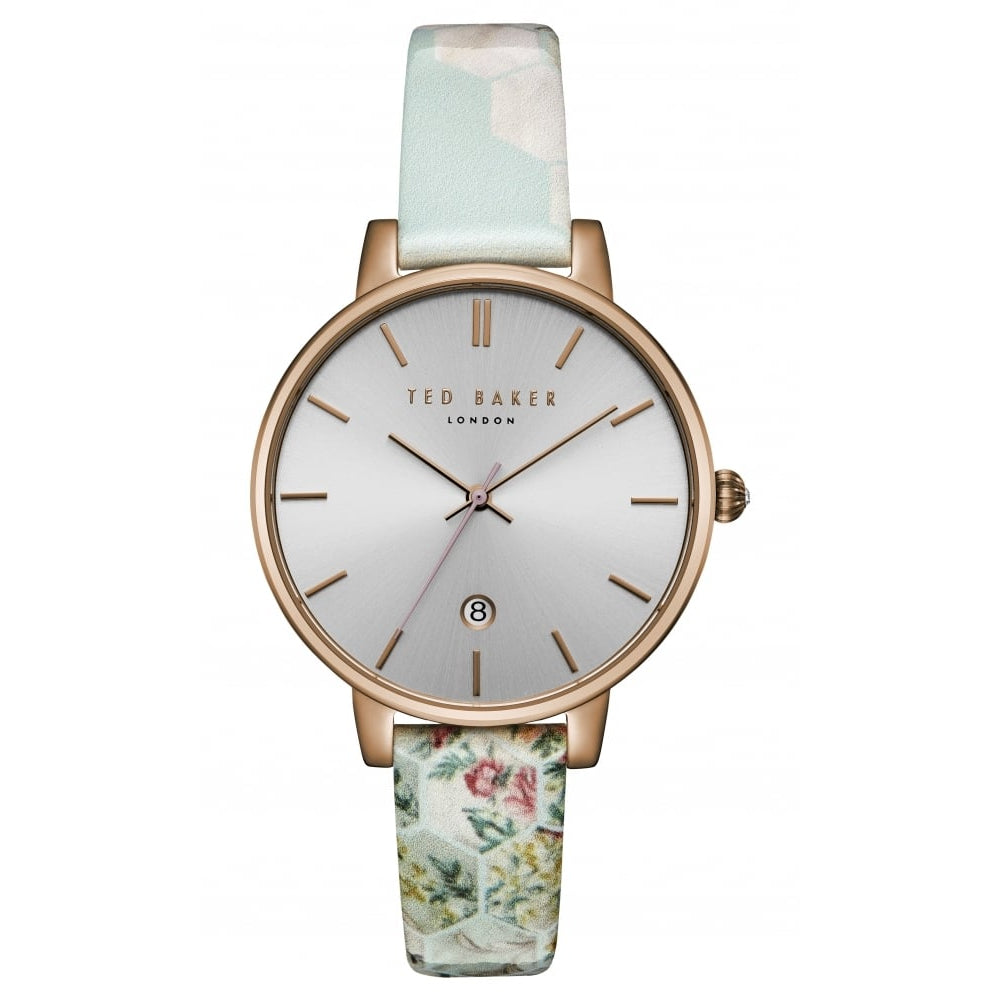Ladies Rose Gold Tone Silver Dial With Floral Leather Strap Watch