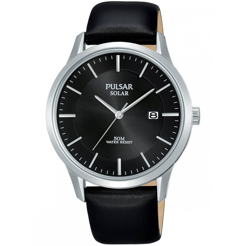 Stainless Steel Case With Black Date Display Dial & Black Leather Strap, Solar Powered Gents Watch