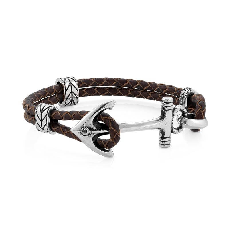 Instinct Marina Brown Leather & Stainless Steel Anchor Mens Bracelet