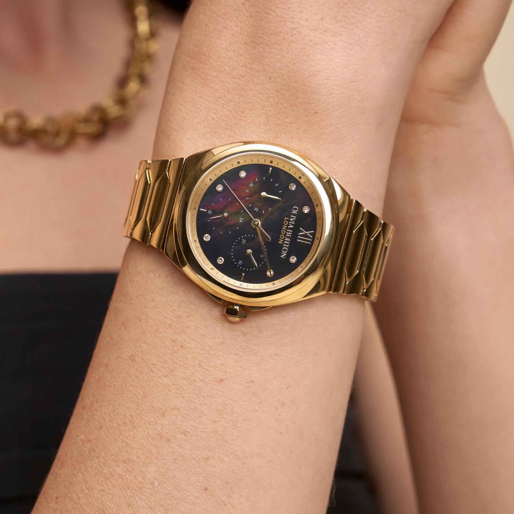 Lustre Multi-Function Black Dial & Gold Bracelet Watch