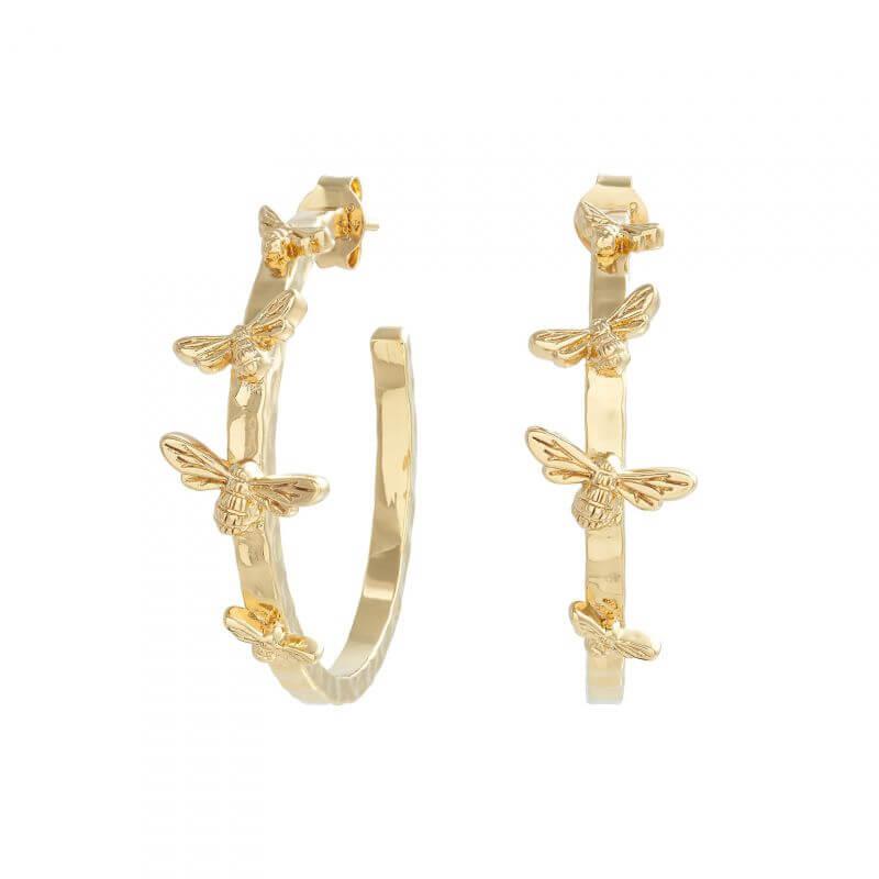 Gold Tone Lucky Bee Open Hoop Earrings