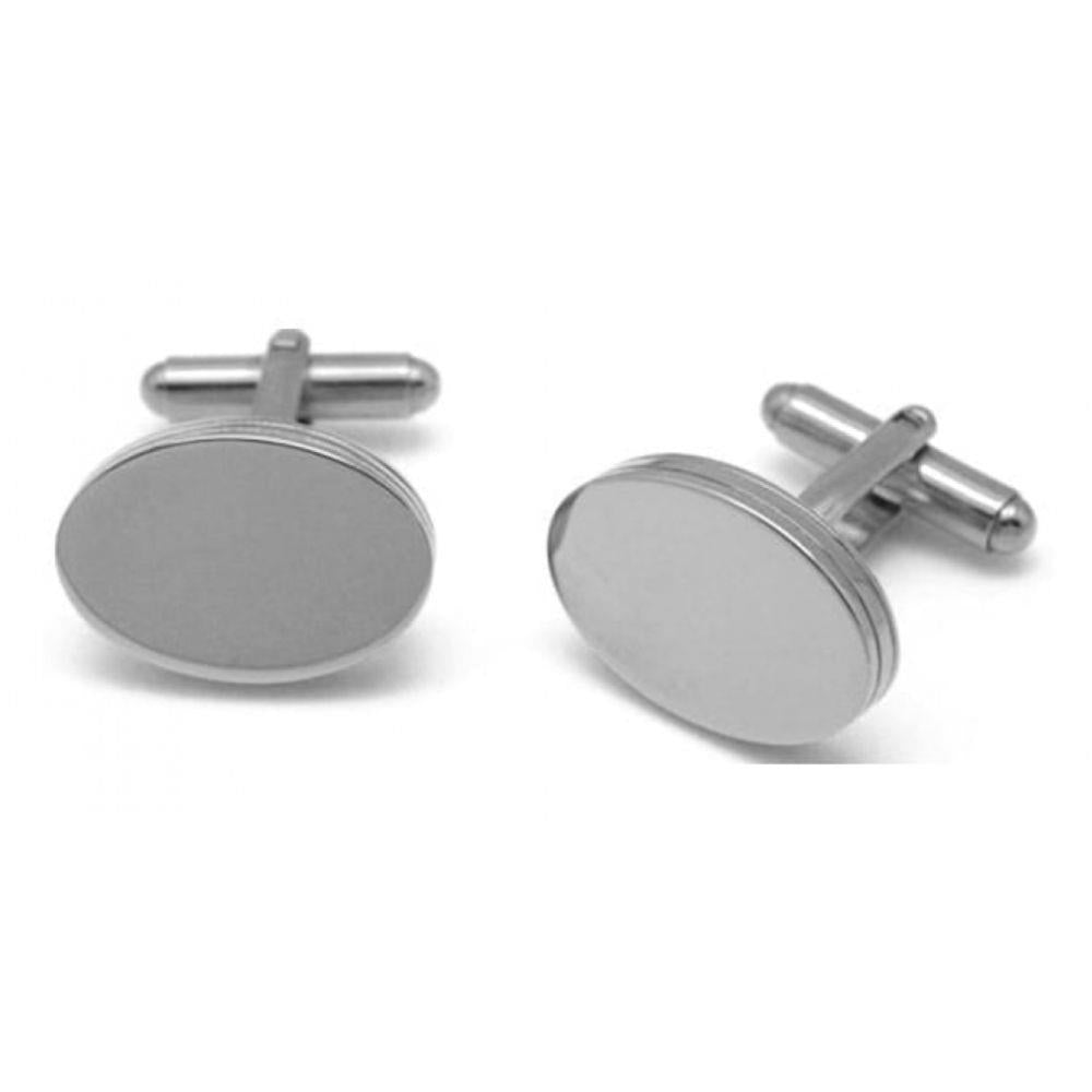 Oval Silver Tone Cufflink With Plain Front & Lines On Edge
