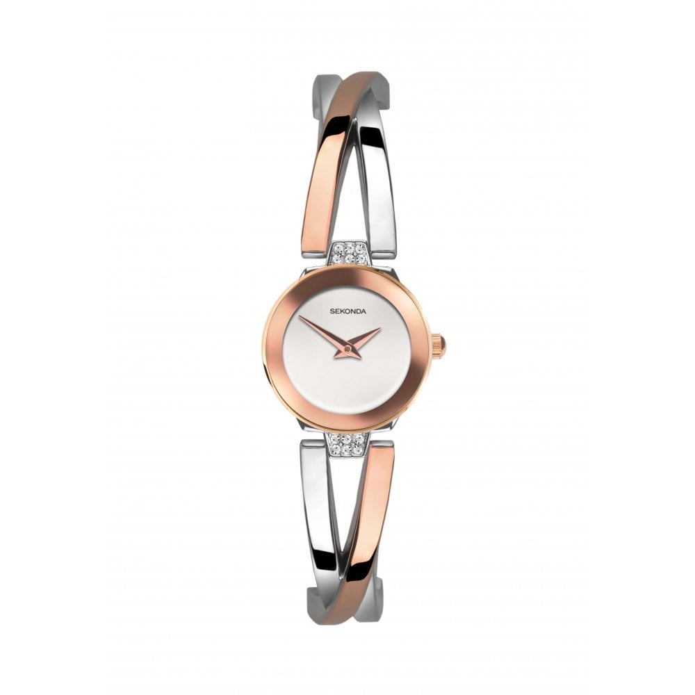 Two-Tone Semi-Bangle Strap With Stone Set Case & White Dial Ladies Watch