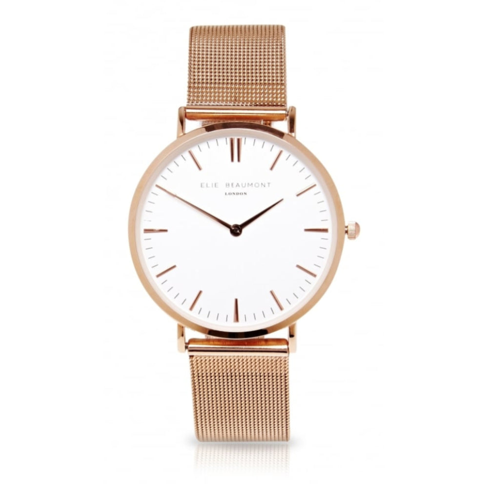 Rose Gold Plated Stainless Steel Mesh Watch with White Face