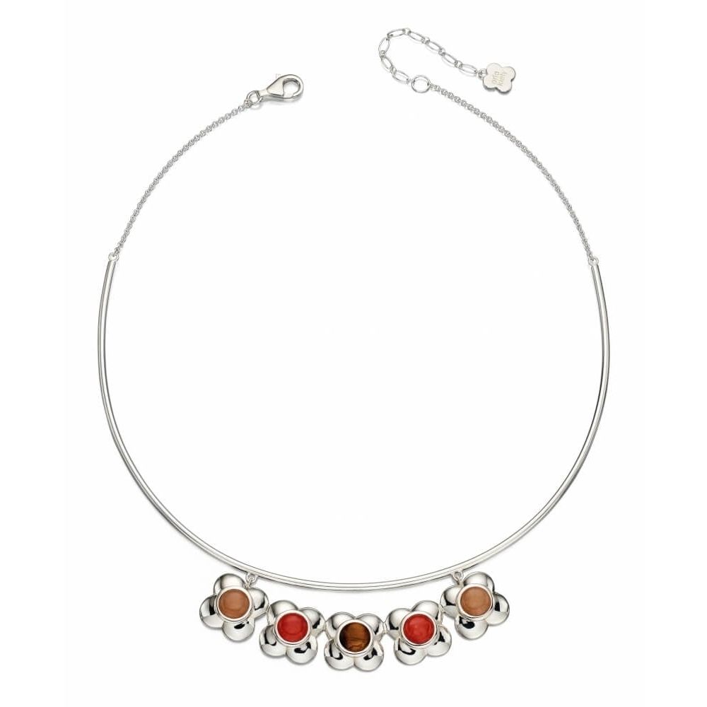 Tiger's Eye Solid Silver Flower Choker Necklace