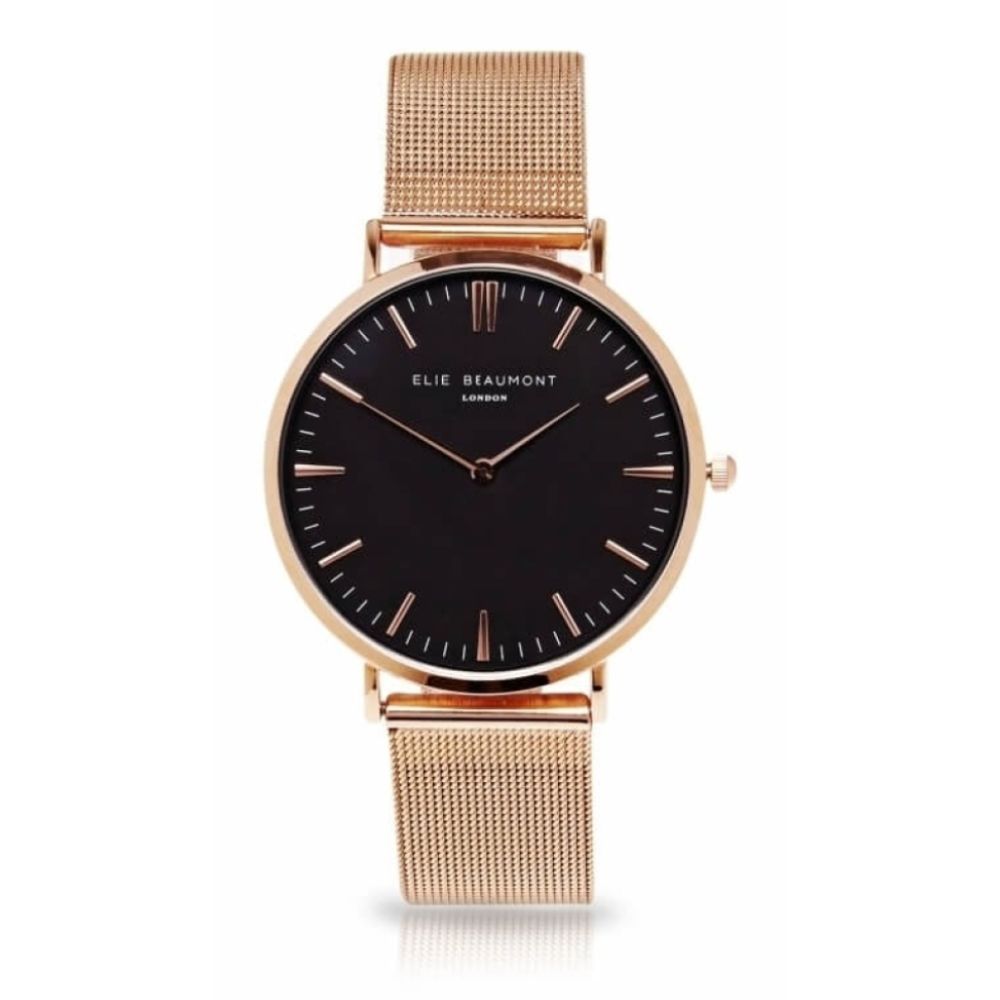 Rose Gold Plated Stainless Steel Mesh Watch with Small Black Face