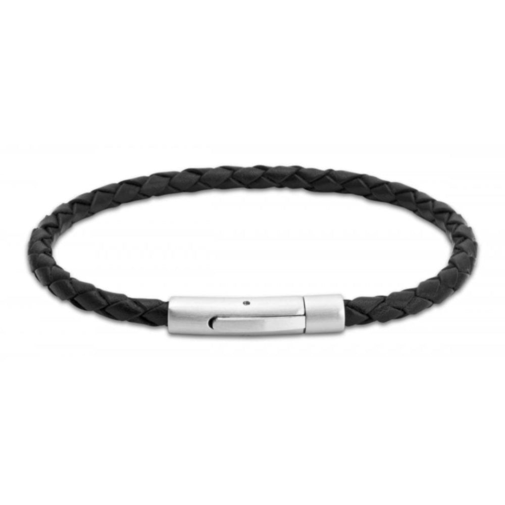 Thin Black Leather Bracelet With Stainless Steel Clasp