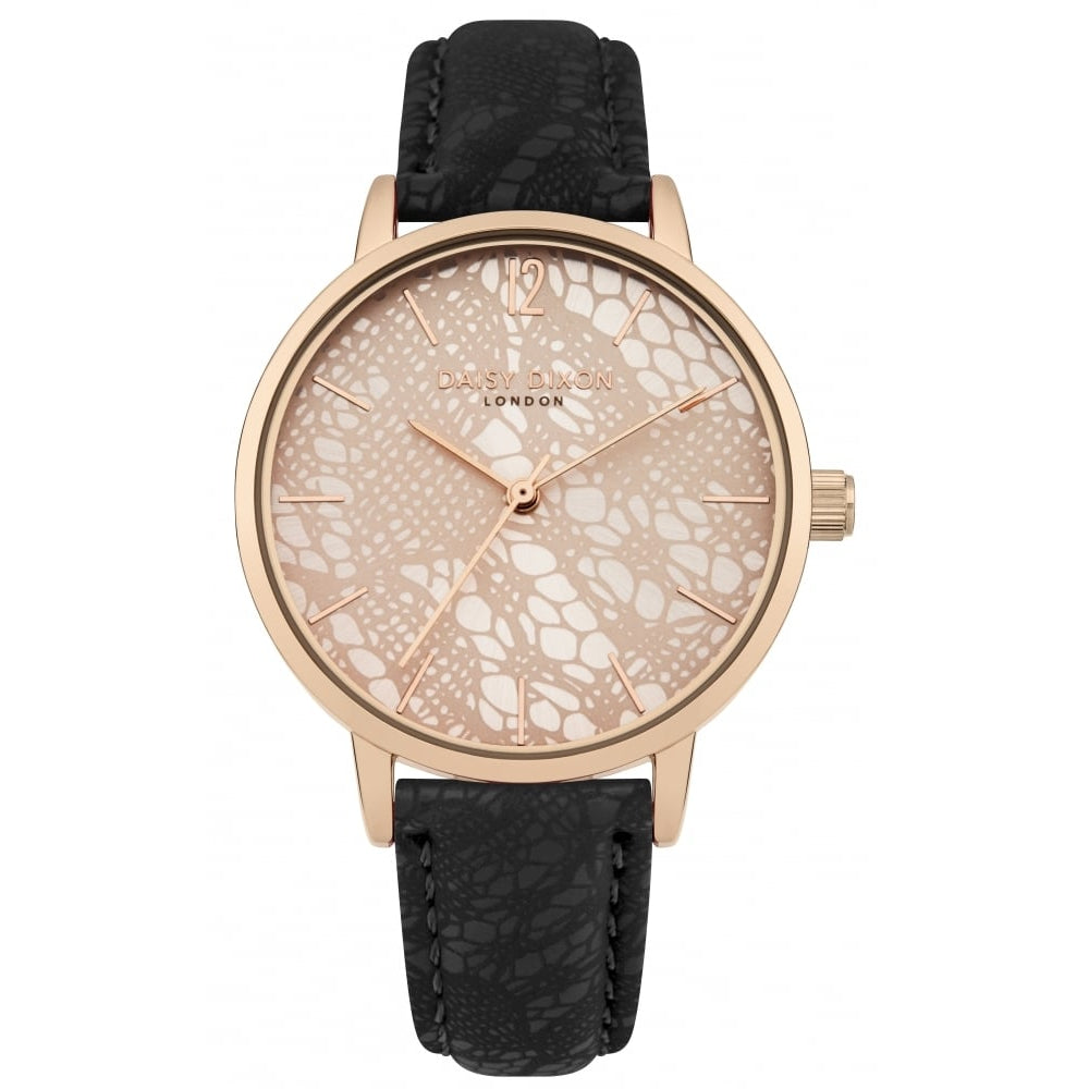 Mae Watch Rose Gold Dial With Black Pu Strap With Lace Print