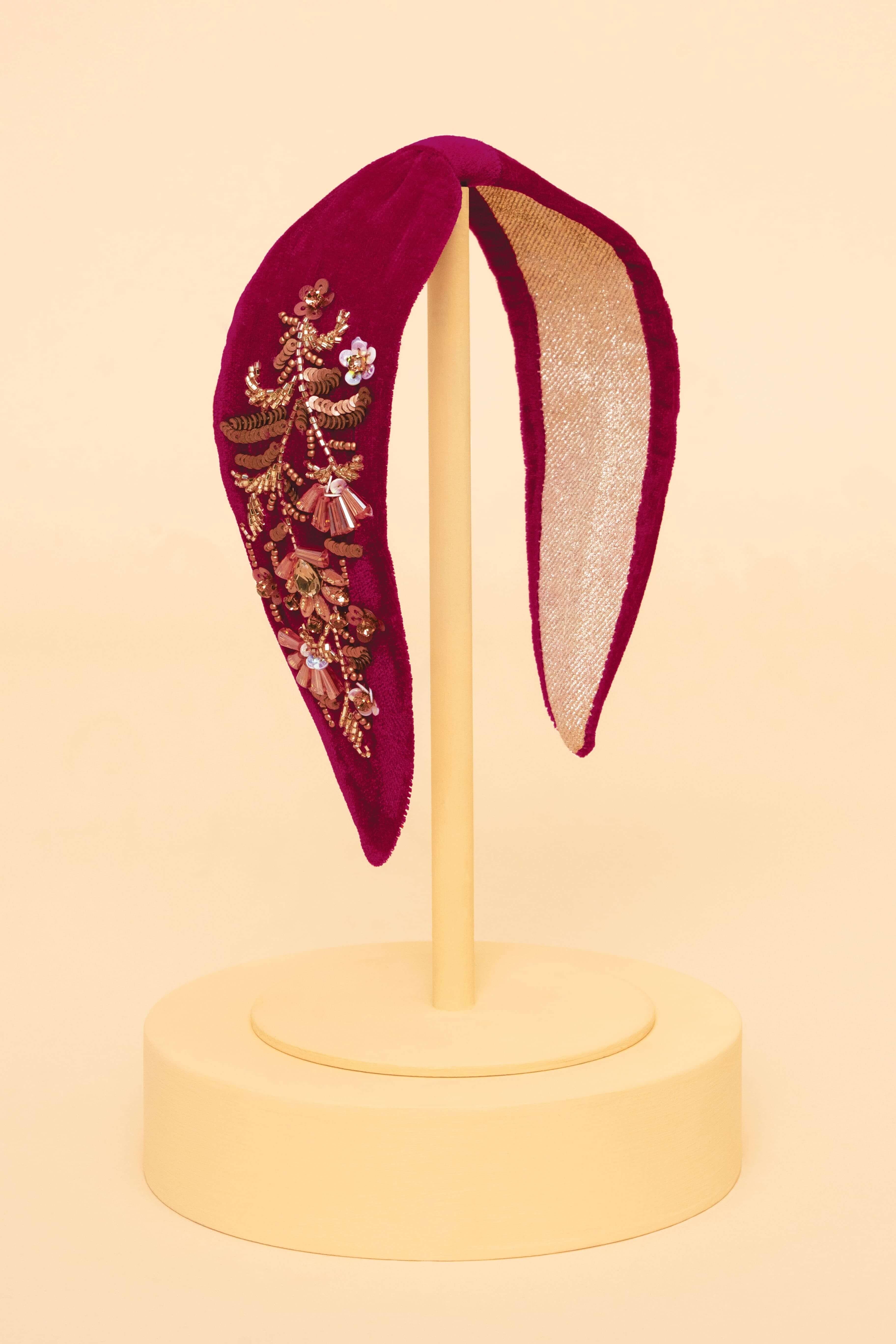 Embellished Velvet Headband - Golden Wildflowers - Fuchsia