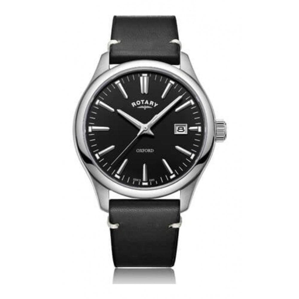 Stainless Steel Case Black Dial & Black Leather Strap Gents Oxford Watch